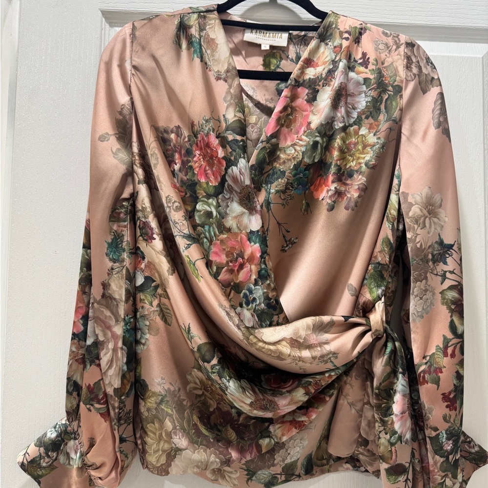 Mamia Floral Satin Wrap Blouse - Pink and Multicolor